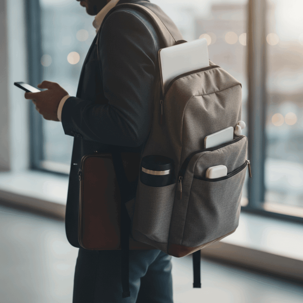 Professionnel nomade transportant PC portable léger dans sac à dos pour télétravail et mobilité
