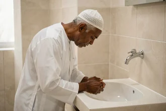 Homme effectuant les ablutions rituelles avant la prière dans une mosquée moderne à Annemasse