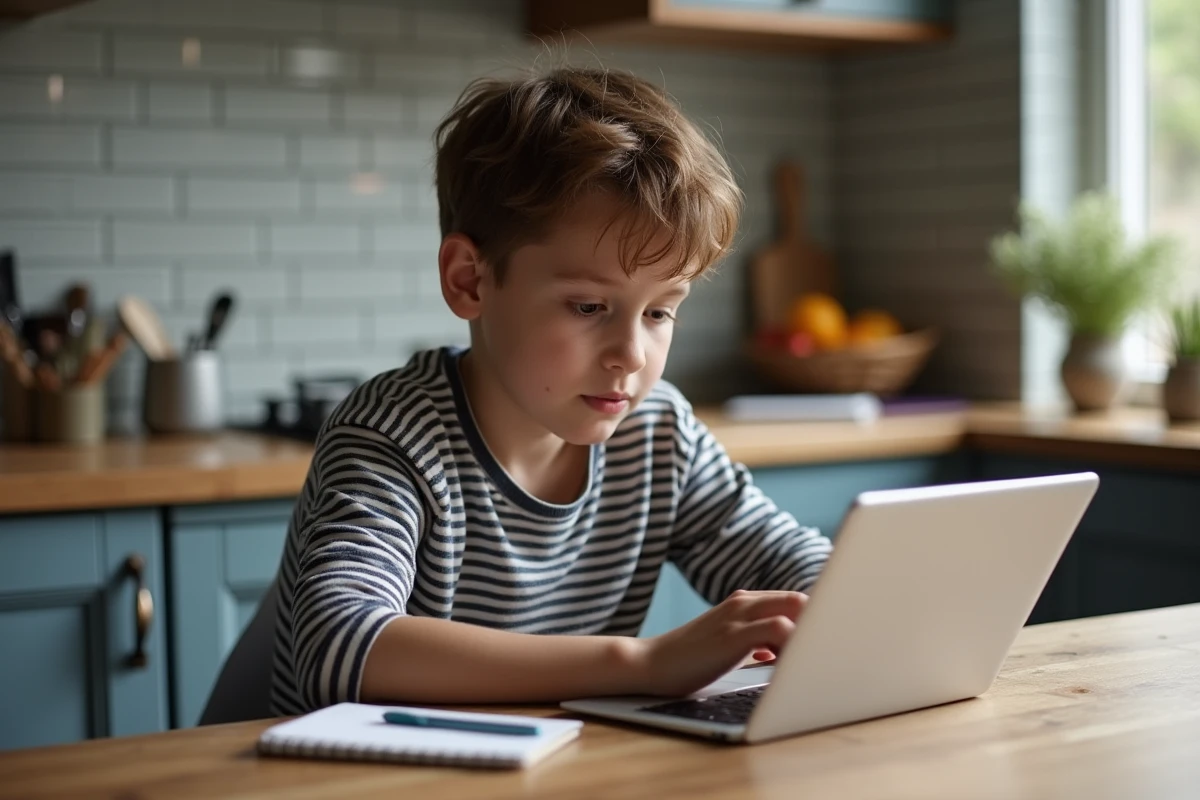 Adolescent utilisant une tablette dans la cuisine