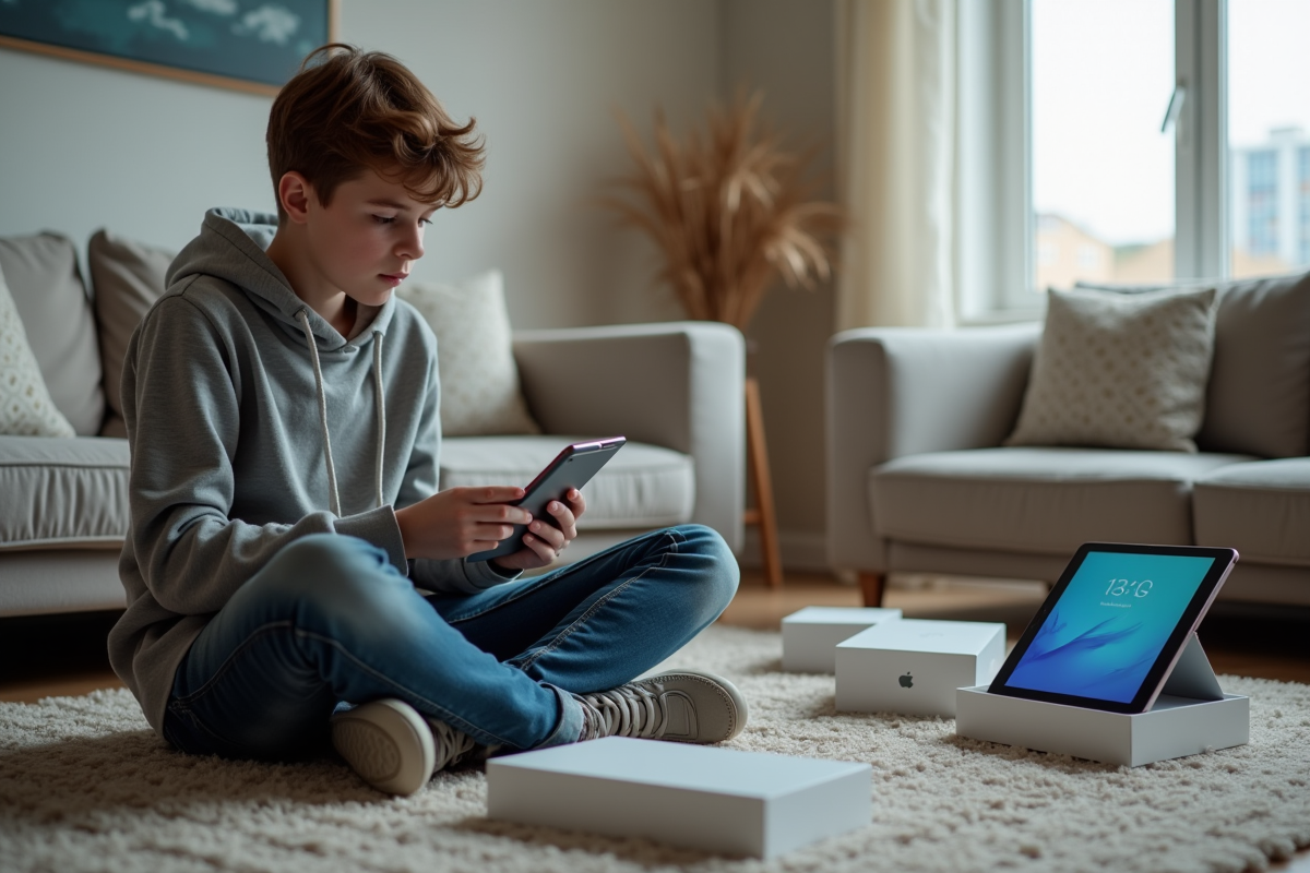 Adolescent teste une tablette dans un salon moderne et lumineux