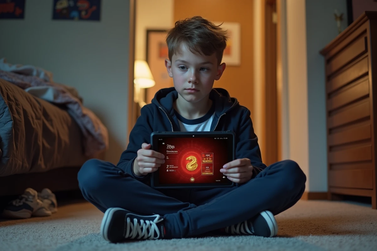 Adolescent assis sur le sol de sa chambre jouant à un jeu de serpent gratuit inspiré de l'Année du Serpent sur une tablette
