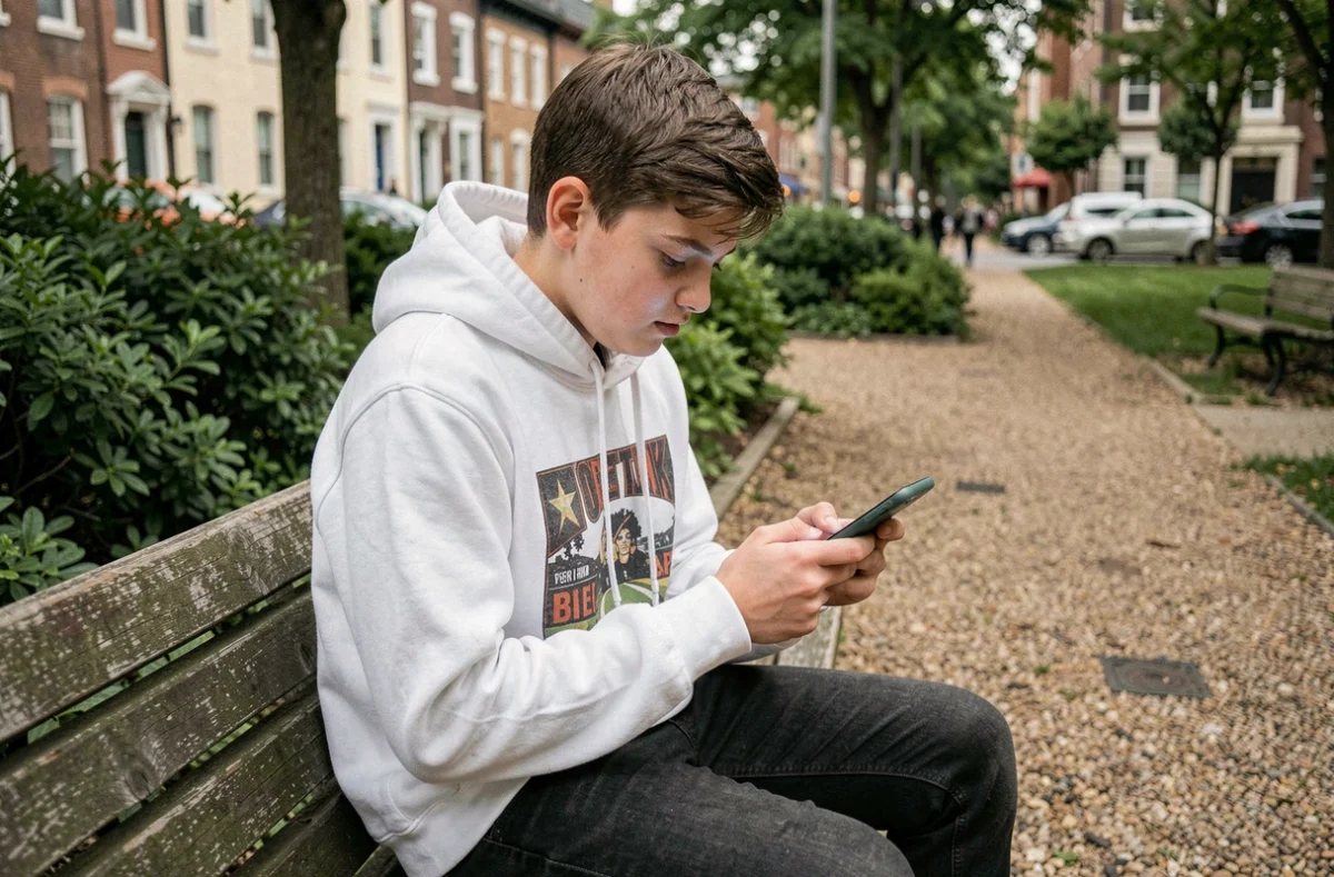 Adolescent assis dans un parc qui vérifie son numéro Lebara sur son téléphone portable