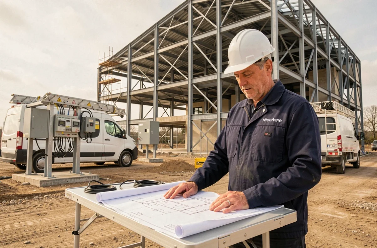 Électricien AEG Aquitaine consultant des plans techniques sur un chantier commercial en Gironde pour une intervention électrique générale