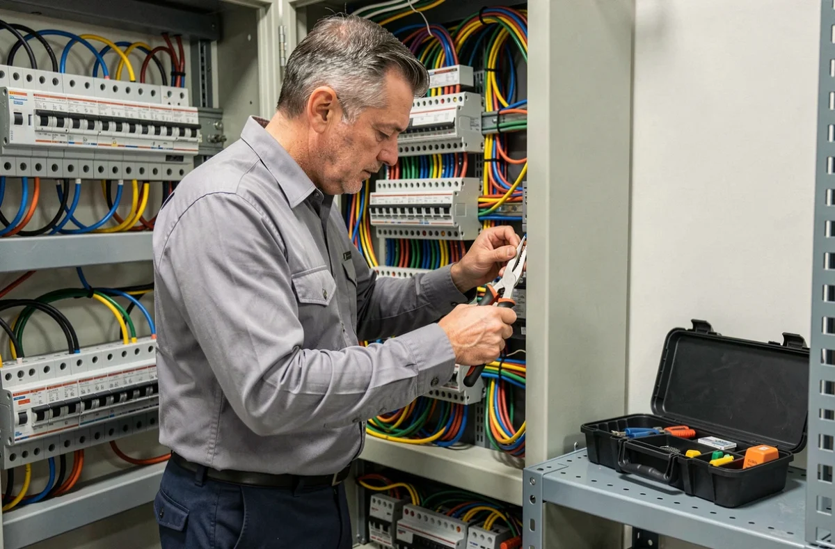 Électricien AEGI Monseigne câblant un tableau de distribution électrique industriel en Gironde