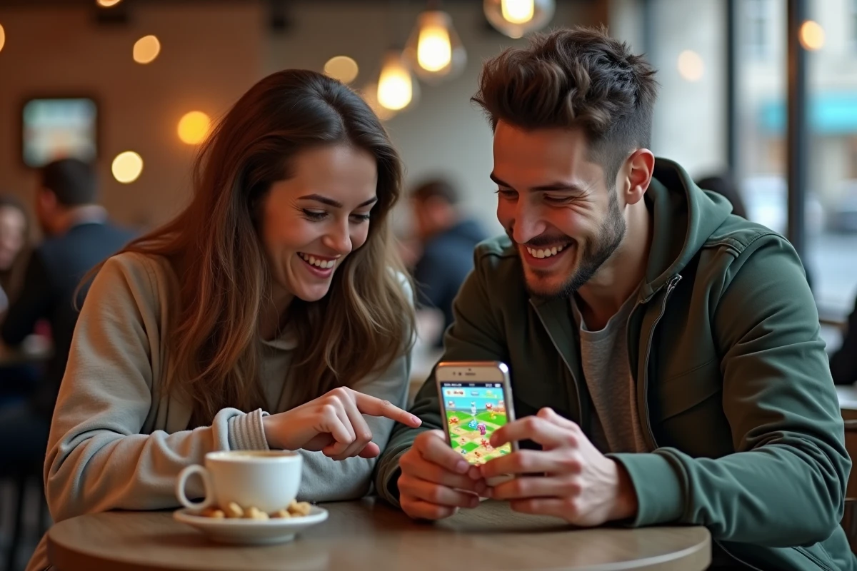 Deux amis dans un café partageant un smartphone pour jouer à Monopoly Go et comprendre le système de liens pour des lancers gratuits