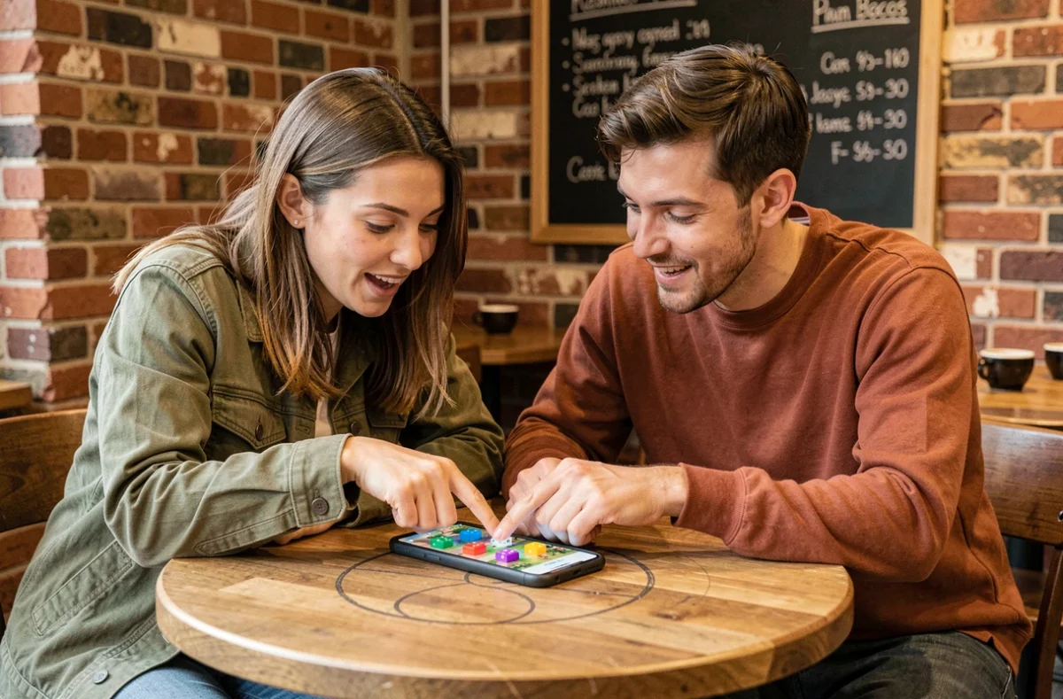 Deux amis discutant ensemble de la meilleure stratégie pour utiliser leurs dés gratuits Monopoly Go dans un café