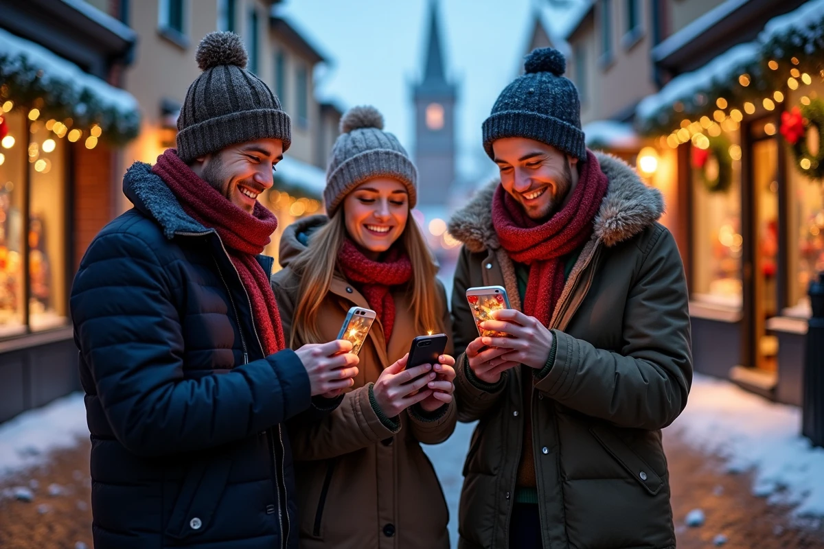 Groupe d'amis adultes partageant des images animées de joyeux Noël 2026 sur leurs smartphones dans une rue enneigée
