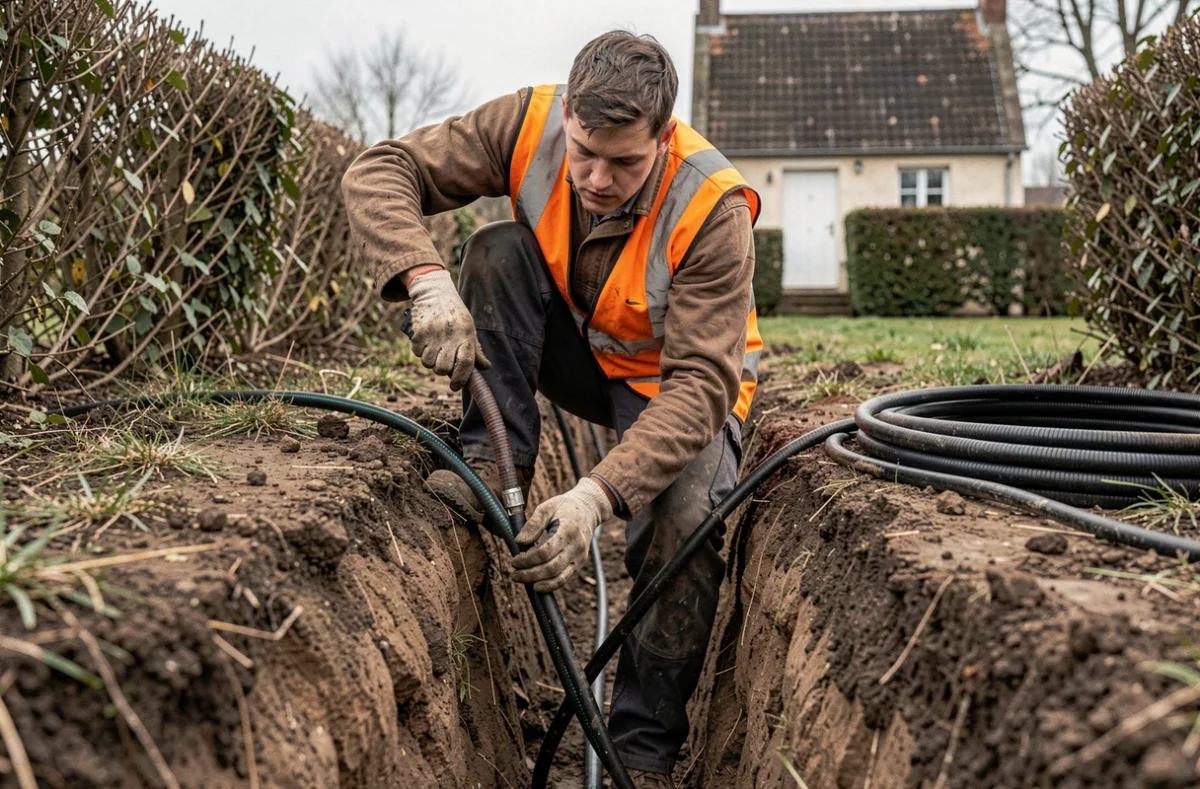 Électricien Amperelec 33 tirant des câbles dans une tranchée extérieure dans le secteur rural du Pout en Gironde