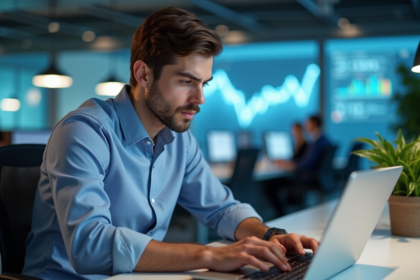 Jeune homme en tenue casual analyse transactions blockchain au bureau