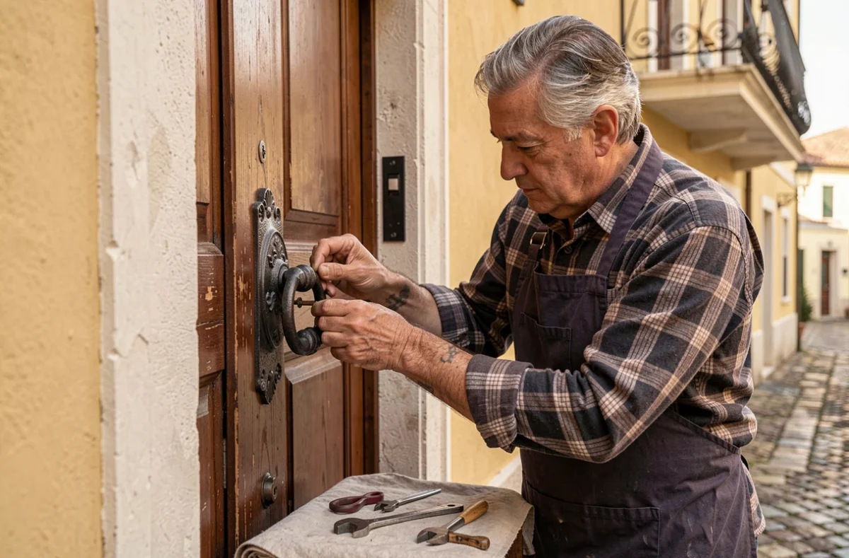 L'artisan serrurier Angelotti Jean Eustache posant une ferrure artisanale sur une porte de maison à Bastia