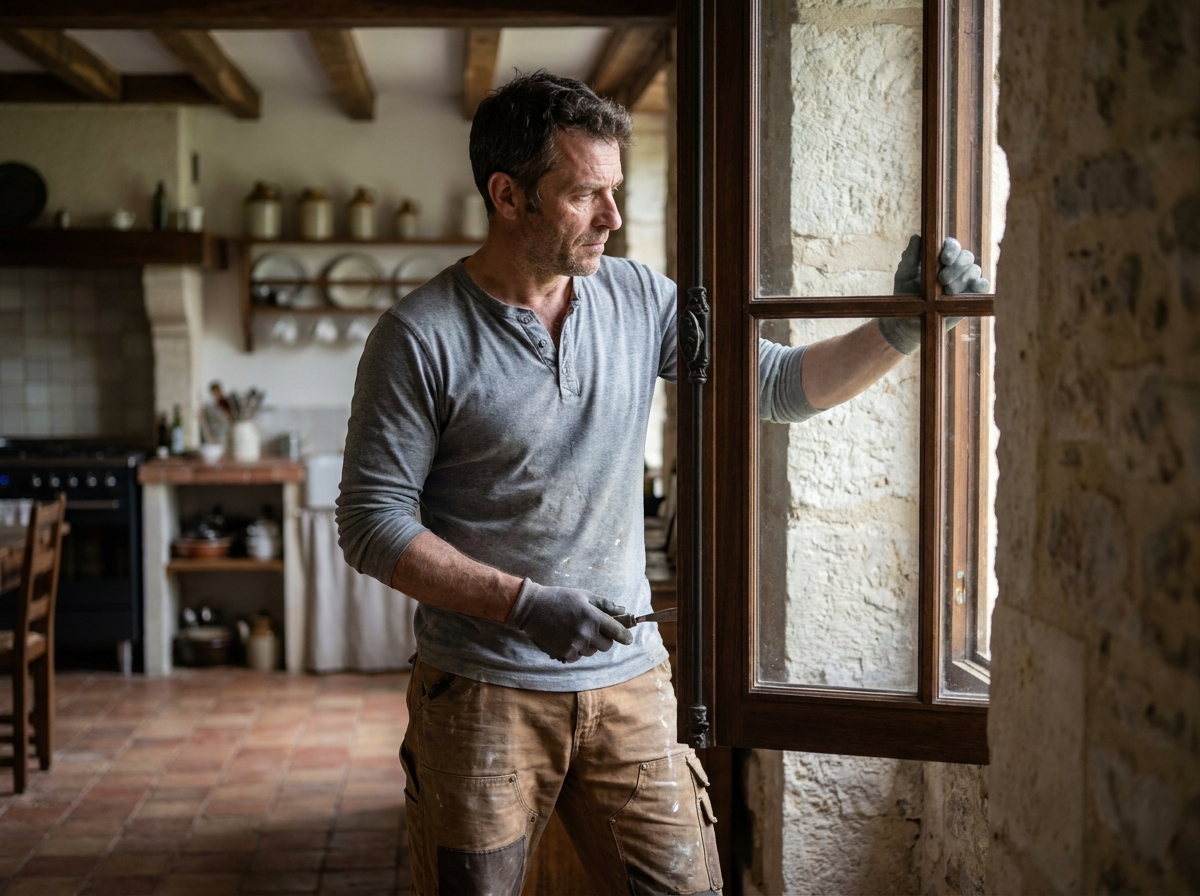Artisan installant une verrière en bois dans une cuisine de ferme ancienne rénovée avec carrelage tomette et murs en pierre
