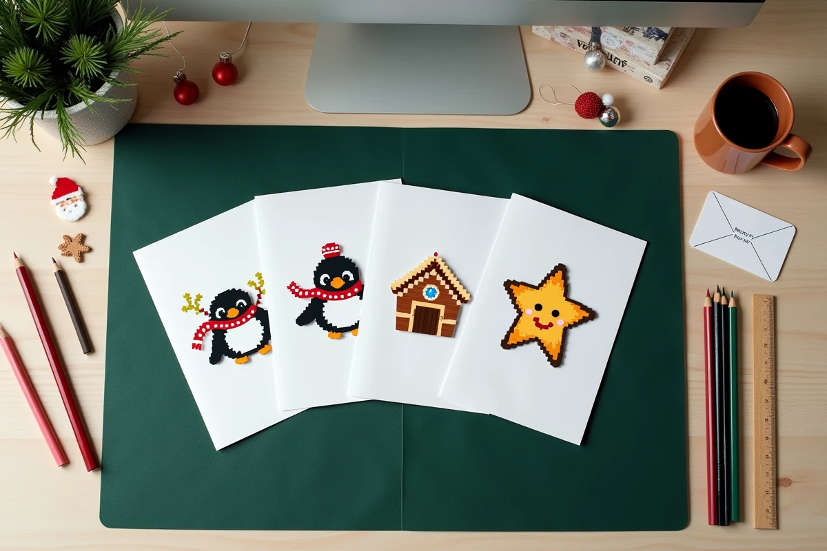 Vue d'ensemble d'un atelier de création de cartes de Noël kawaii pixel art avec tablette graphique et outils de dessin