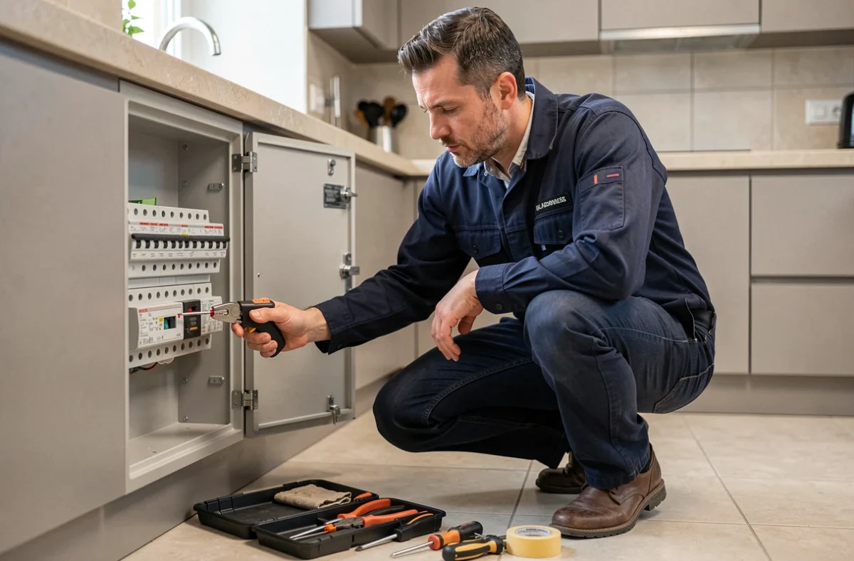 Électricien des Ateliers-Electricien Bordeaux effectuant un dépannage sur un tableau électrique dans une cuisine moderne bordelaise