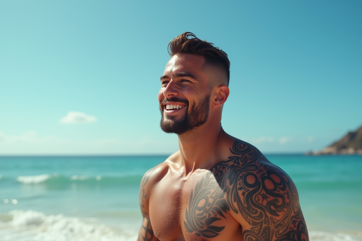Athlète masculin souriant avec tatouage Maori sur l'épaule