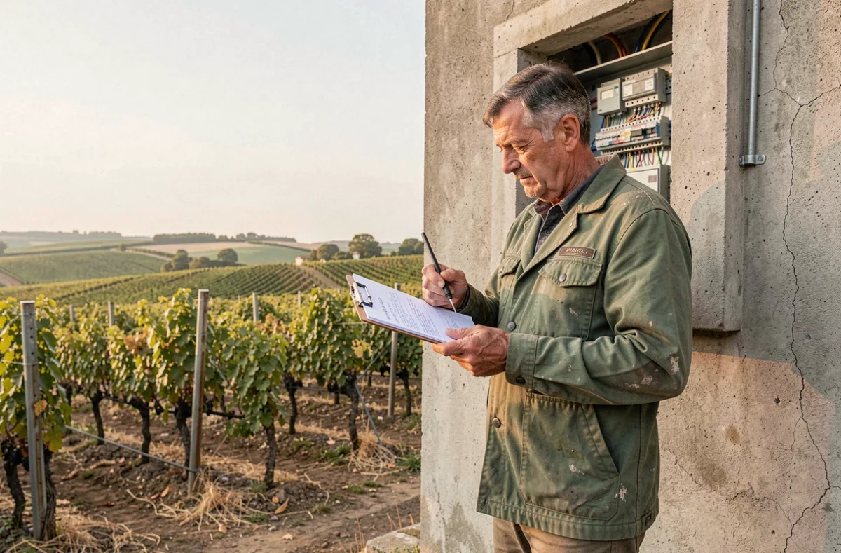 Électricien Automatismes Sud Gironde inspectant une installation électrique agricole en milieu rural viticole du sud Gironde