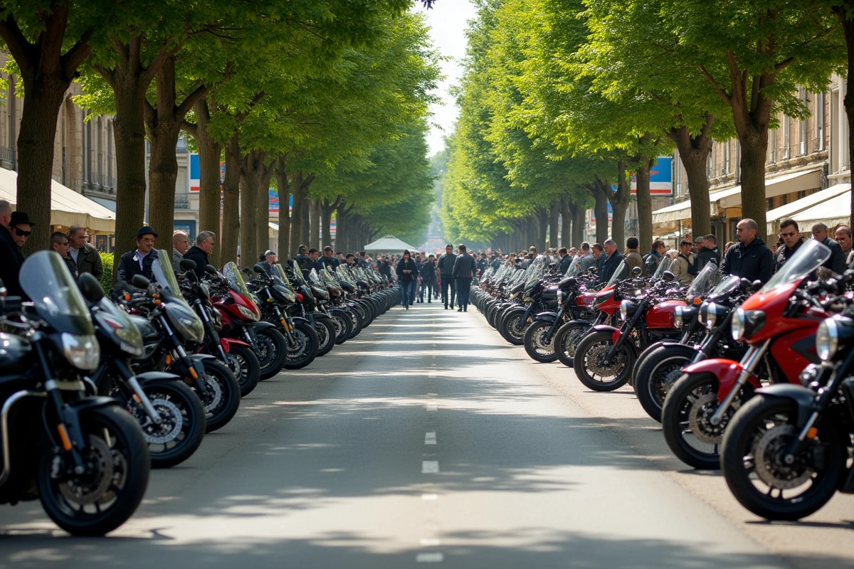 Rangée de motos et visiteurs dans l'avenue principale du festival de Luynes, atmosphère rassemblement moto en village provençal
