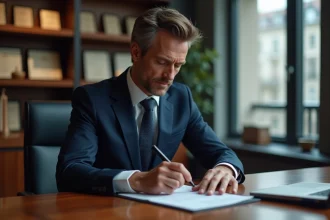 Avocat en costume bleu lisant un document dans un bureau moderne