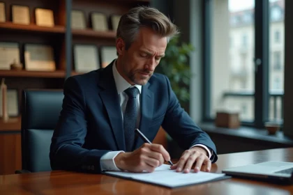 Avocat en costume bleu lisant un document dans un bureau moderne