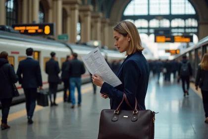 Avocate de province arrivant à Paris en train pour assister au Congrès UINL, consultant son programme de conférence sur le quai d'une grande gare parisienne