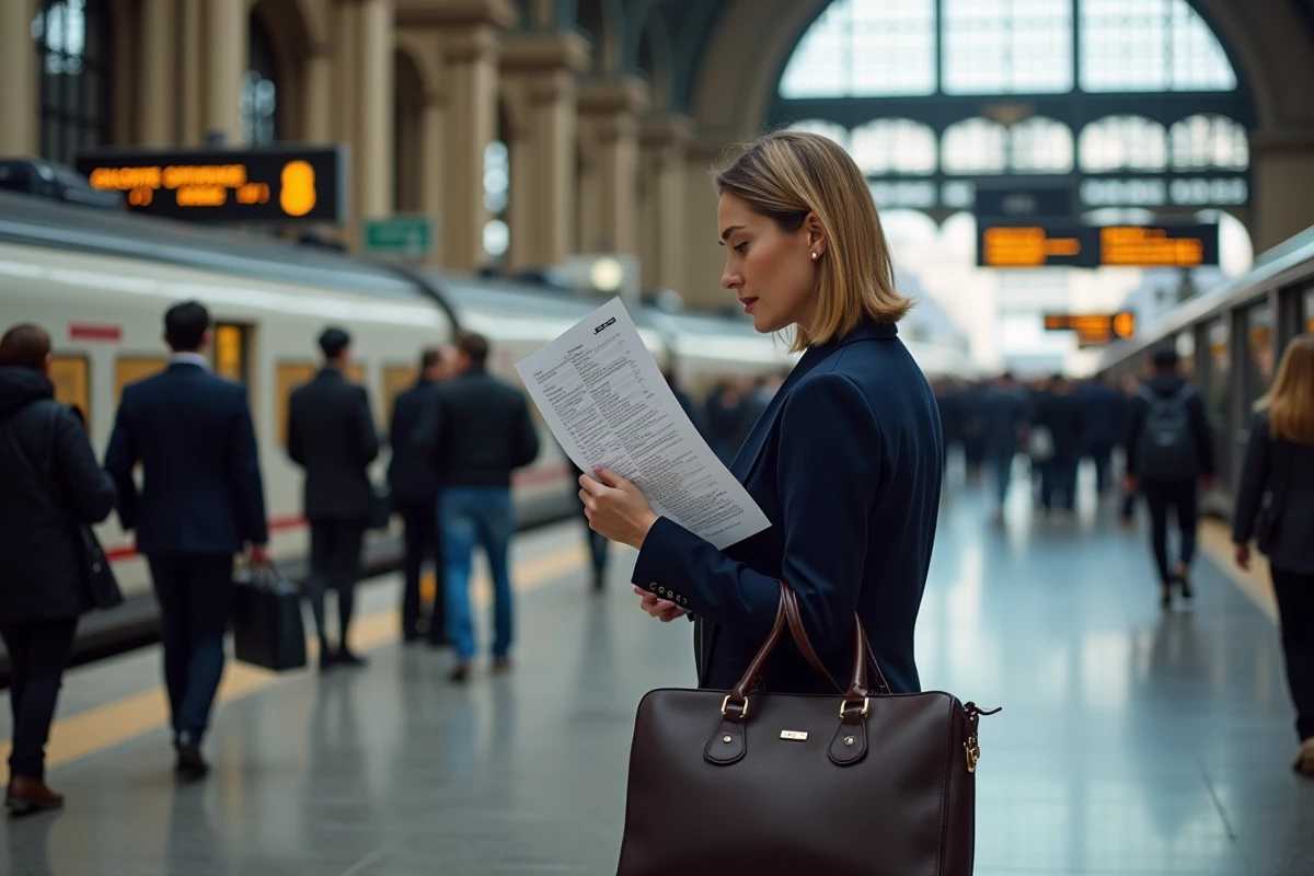 Avocate de province arrivant à Paris en train pour assister au Congrès UINL, consultant son programme de conférence sur le quai d'une grande gare parisienne