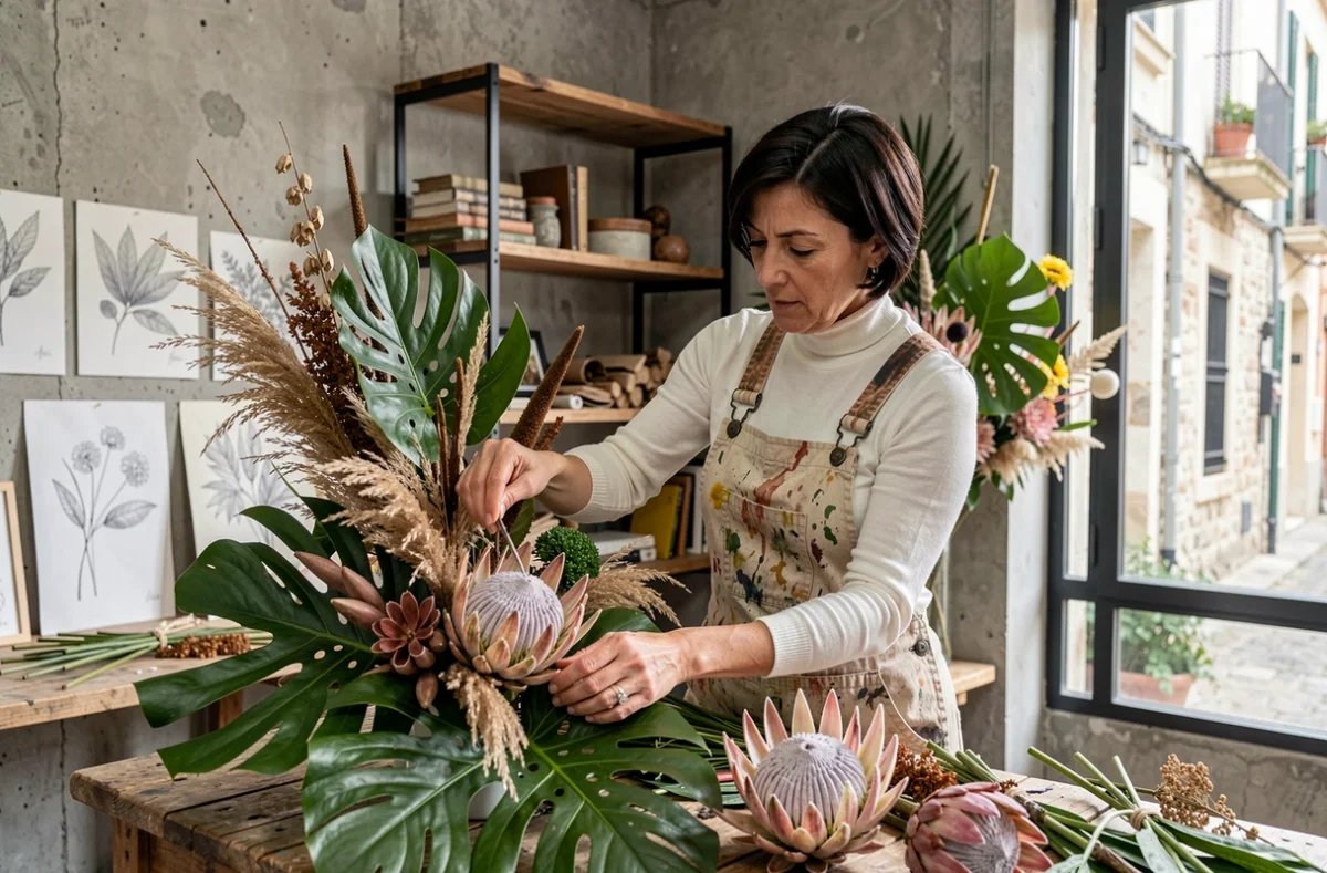 Créatrice florale d'Az'Art à Antibes assemblant une installation artistique avec des protéas, feuilles tropicales et herbes séchées dans son atelier