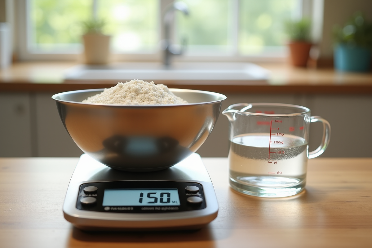 Balance de cuisine numérique avec bol en acier inoxydable et farine