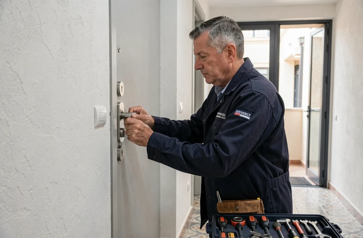 Technicien de Bastia Protection installant un verrou haute sécurité sur une porte d'appartement à Bastia
