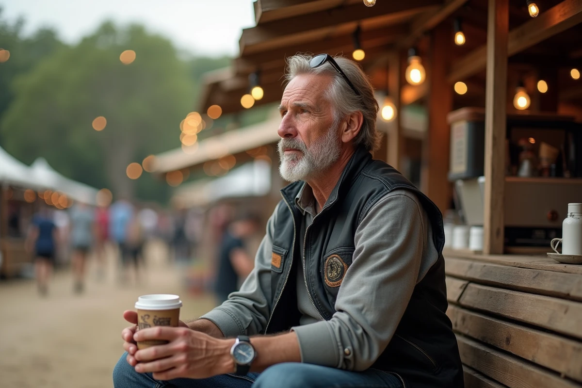 Biker expérimenté en pause café au festival moto de Luynes, ambiance authentique et détendue