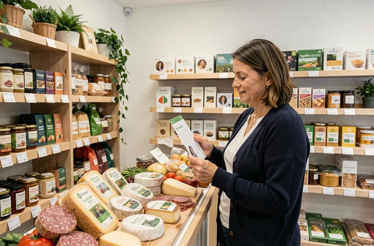 Intérieur du magasin bio spécialisé Bio Nant' près d'Orvault avec une cliente lisant une fiche producteur près du rayon fromages biologiques locaux