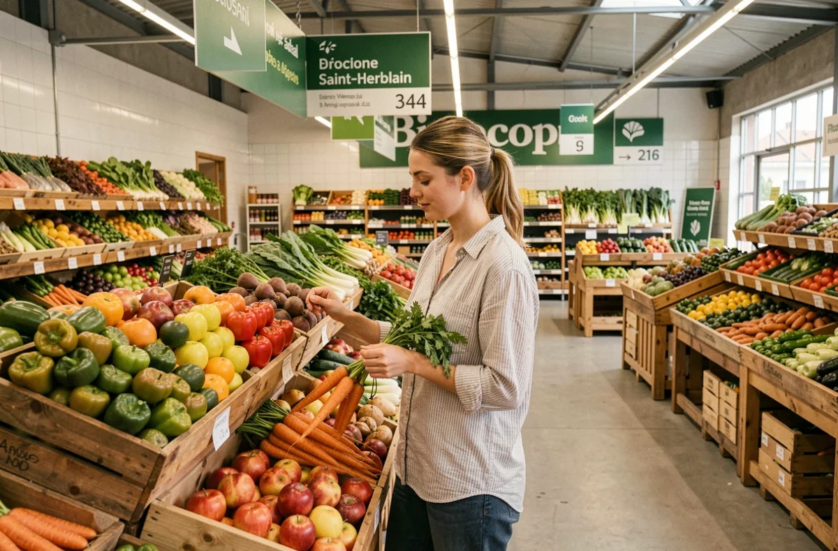 Intérieur du Biocoop Les Halles à Saint-Herblain avec une cliente choisissant des carottes bio dans le rayon fruits et légumes