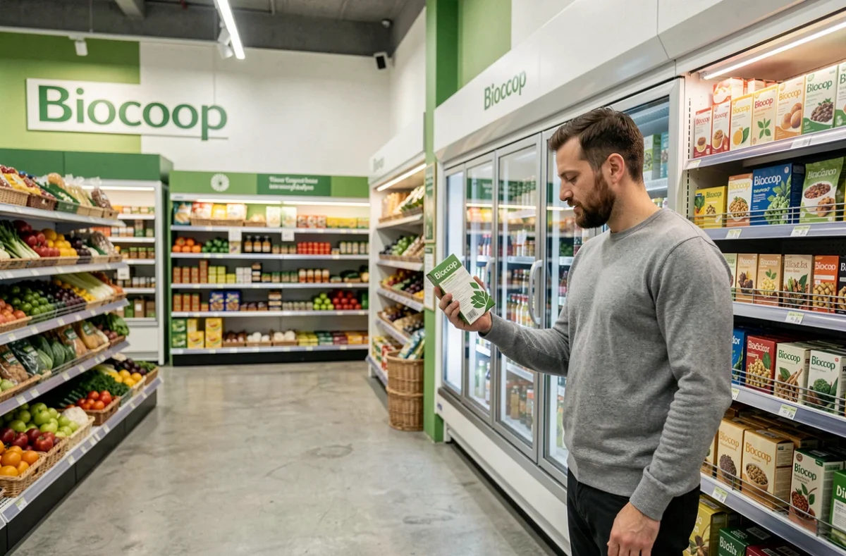Intérieur moderne du Biocoop Nantes en centre-ville avec un client lisant une étiquette de produit bio près du rayon réfrigéré