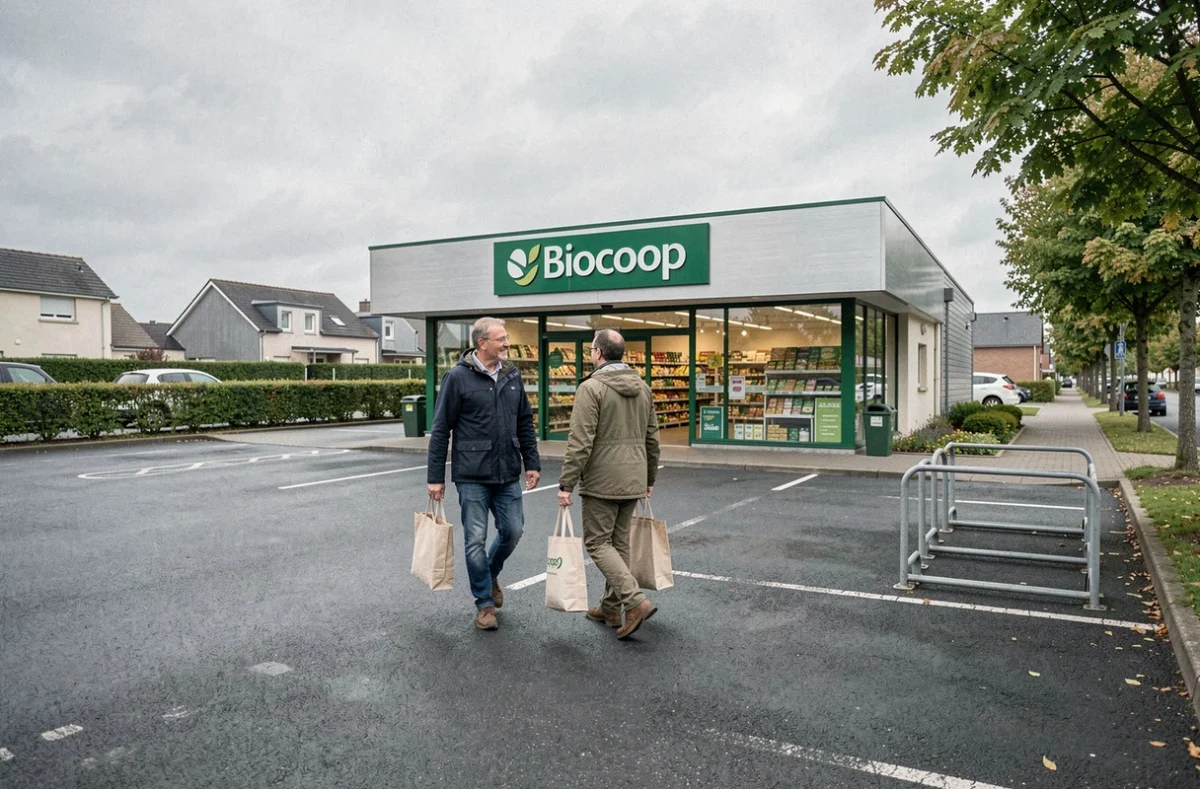 Extérieur du magasin Biocoop Orvault en périphérie nantaise avec un couple portant des sacs réutilisables se dirigeant vers l'entrée