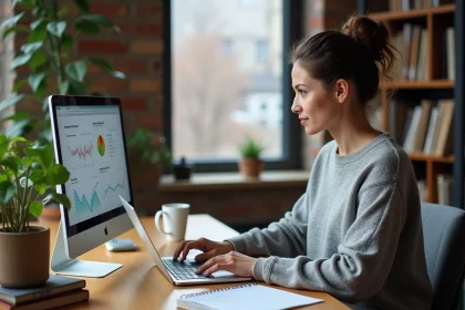 Blogueuse analysant ses revenus et statistiques de monétisation sur un ordinateur portable dans un bureau à domicile