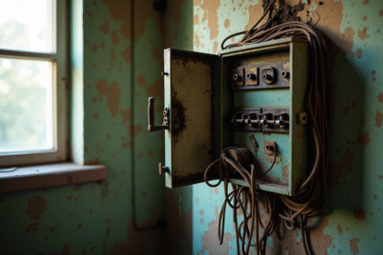 Boîte fusible ancienne dans un appartement vintage avec fils enchevêtrés