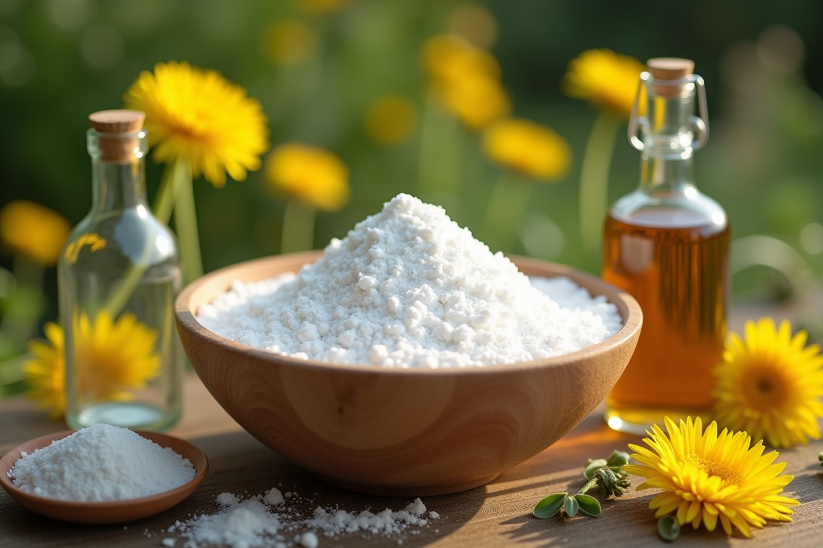 Bol avec bicarbonate et vinaigre à côté de pissenlits dans le jardin