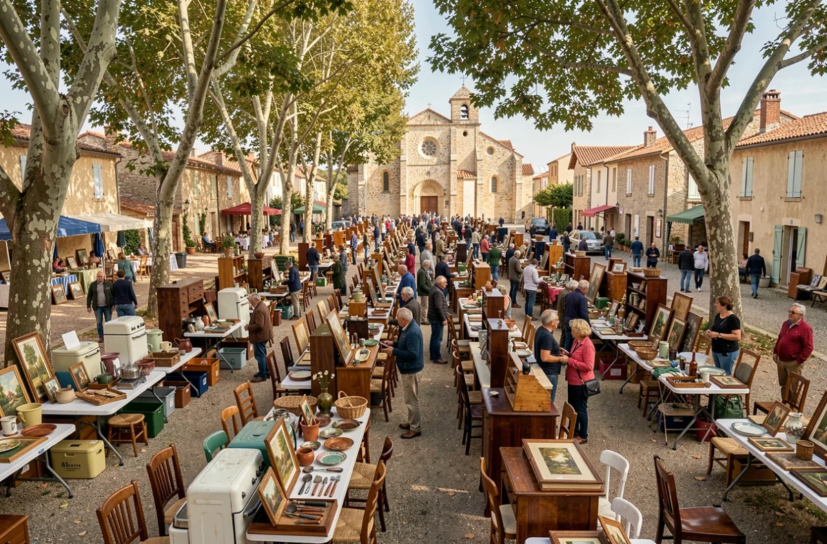 Vue panoramique d'une brocante animée sur une place de village en Tarn-et-Garonne