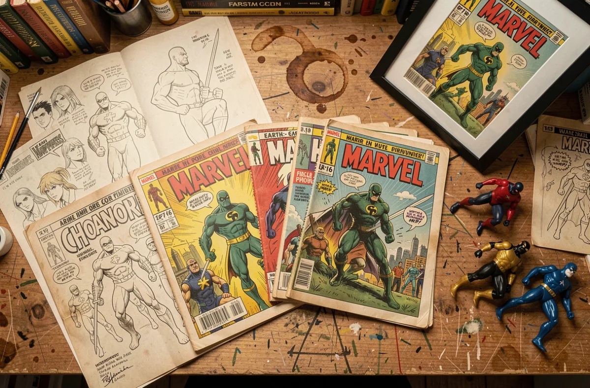 Bureau de collectionneur avec des comics Marvel du Caméléon de la Terre-616 et des cels d'animation vintage