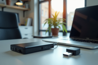 Bureau moderne avec disques durs et clés USB sécurisées