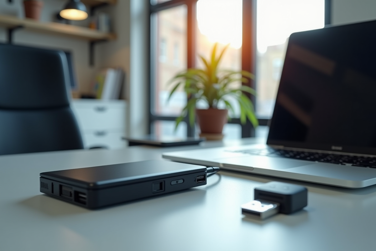 Bureau moderne avec disques durs et clés USB sécurisées