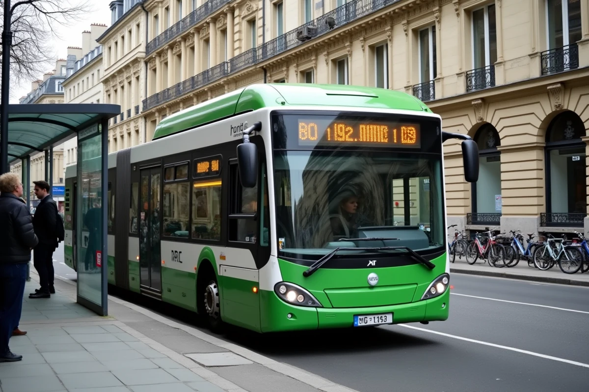 Bus RATP ligne 192 à l'arrêt dans une rue parisienne avec des passagers en attente
