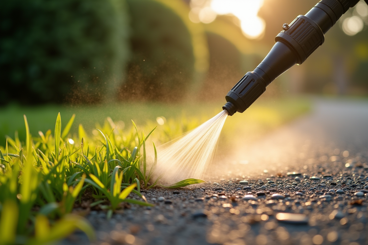 Zoom sur la buse appliquant un herbicide aux mauvaises herbes dans une allée de gravier