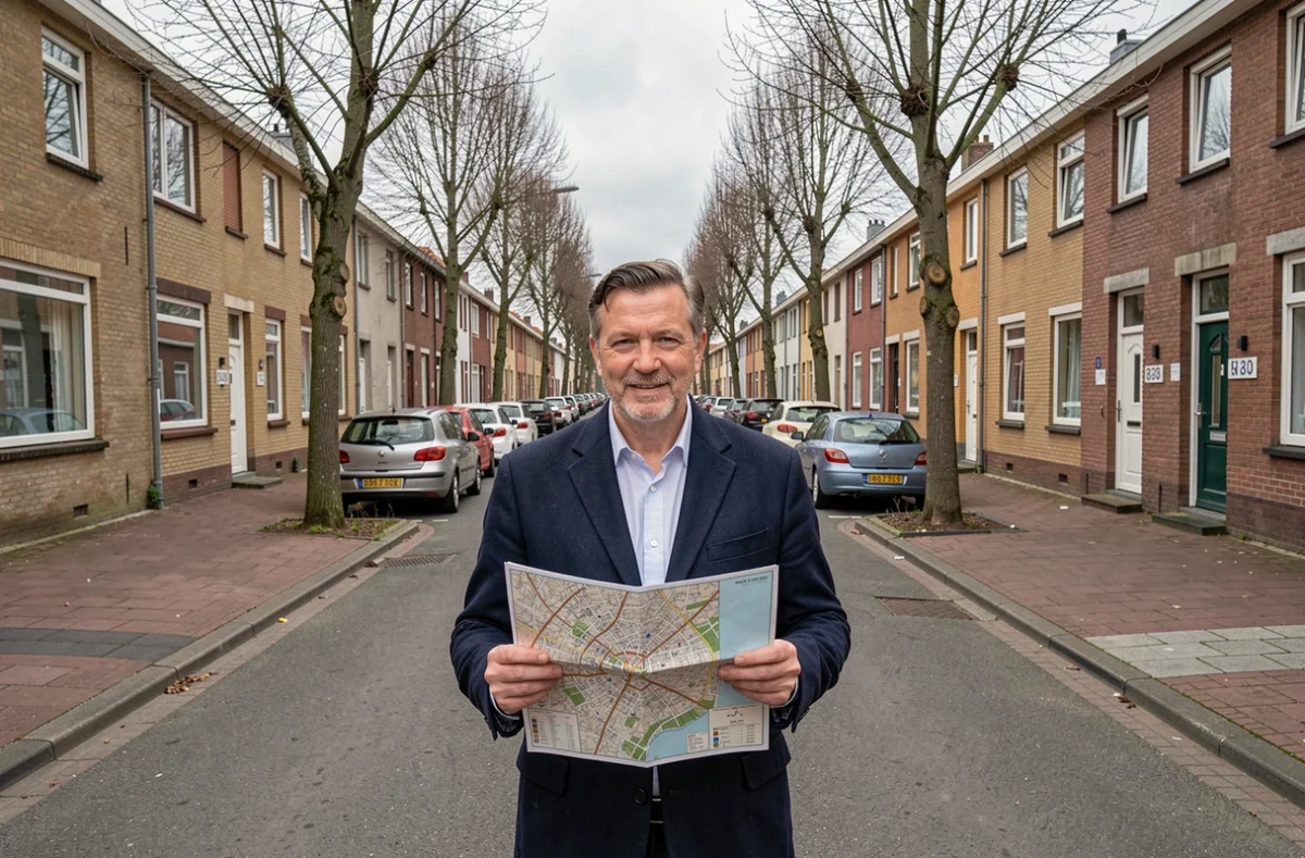 Homme consultant une carte de ville à un carrefour de quartier résidentiel de Dunkerque avec des maisons en briques alignées
