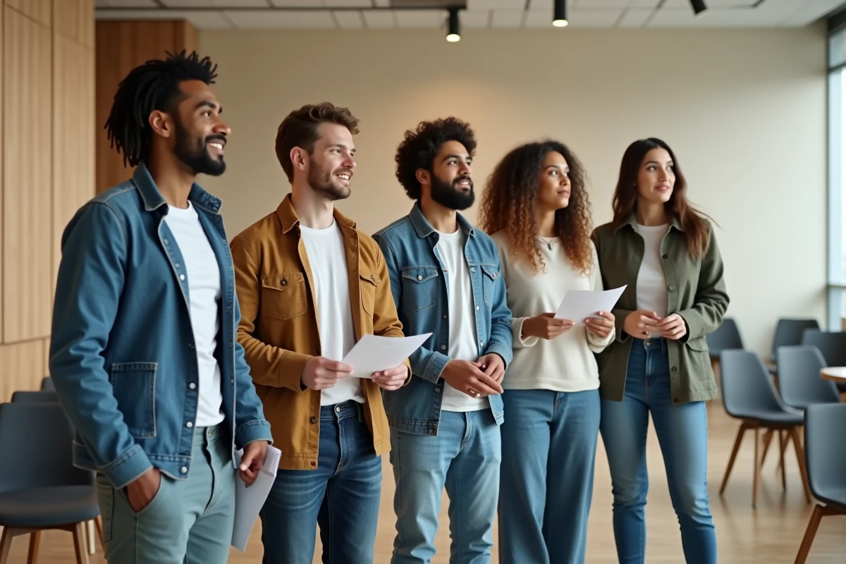 Groupe de figurants attendant leur tour lors d'un casting cinéma dans une salle d'attente d'agence