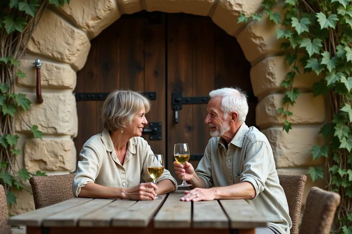 Couple dégustant du Riesling devant une cave viticole cachée creusée dans la roche sur la route des vins d'Alsace