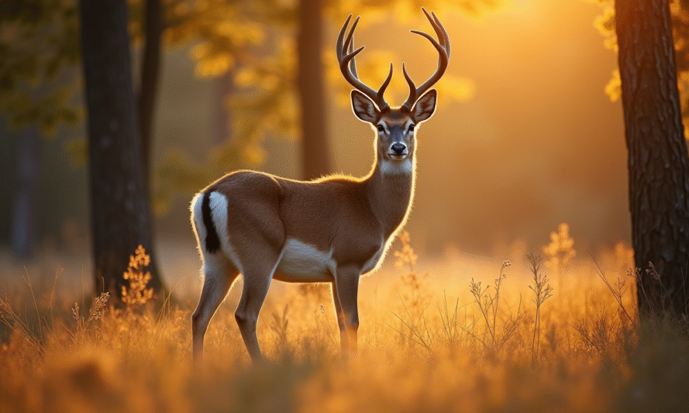 Cerf en forêt en automne sous la lumière dorée