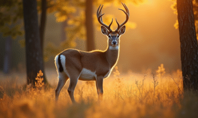 Cerf en forêt en automne sous la lumière dorée