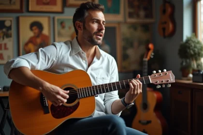 Chanteur brésilien en studio avec guitare acoustique