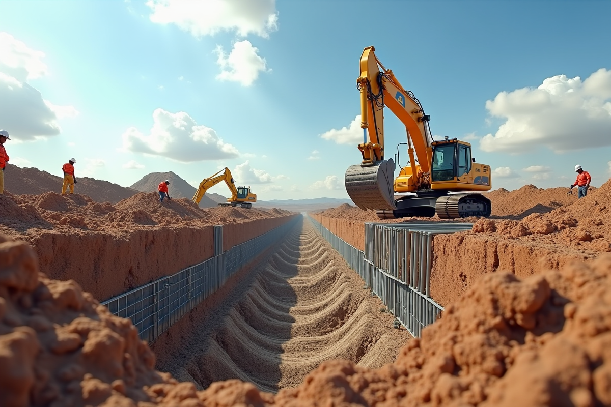 Chantier avec ouvriers installant colonnes rigides en plein jour