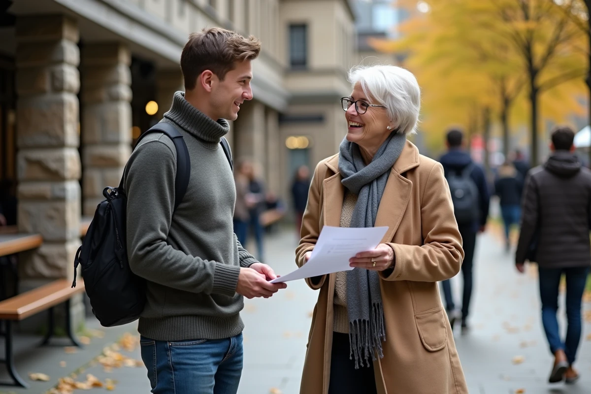 Jeune chercheur discutant avec une femme dans un café universitaire