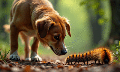 Chien inquiet reniflant une ligne de chenilles processionnaires dans la forêt